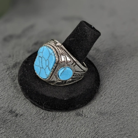 Silver color turquoise color stone ring, 11, unisex - Picture 1 of 9